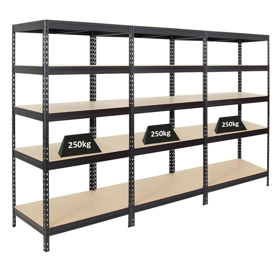 PROREGAL 3er Set Schwerlastregal Rivet Schwarz, H x B x T: 180 x 90 x 60 cm, mit verstellbaren Fachböden aus MDF und Stahl - Bild 2