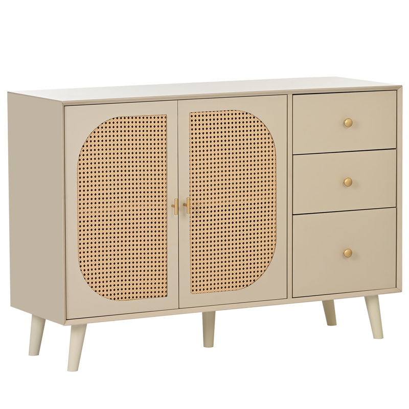 Aosom Sideboard TV-Ständer aus massivem Kiefernholz mit Rattangewebe und 2 Türen sowie 3 Schubladen, Natur, B/T/H: 120 x 40 x 82,5 cm - Bild 2