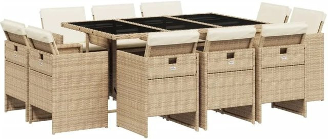 vidaXL 11-teilige Garten-Essgruppe aus Poly-Rattan mit Kissen in Beige - Bild 1