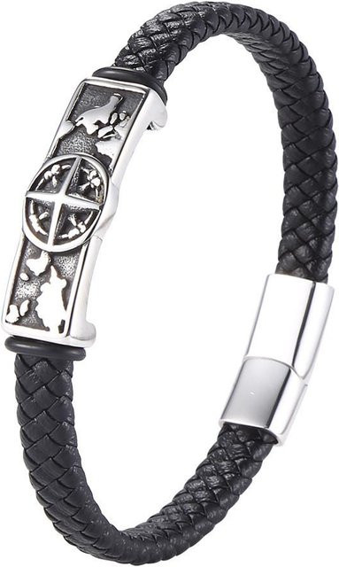 Armband Edelstahl, Leder, Kompass, Vegvisir, Silber, Unisex, 19cm - Bild 1