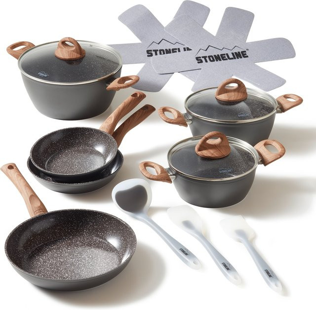 STONELINE Ceramic Kochgeschirr Set 14-teilig mit Glasdeckeln in Holzoptik, Töpfe und Pfannen mit PFAS-freier Keramik Antihaftbeschichtung und Steinpartikeln, Induktion geeignet, Farben: Braun und Grau - Bild 1