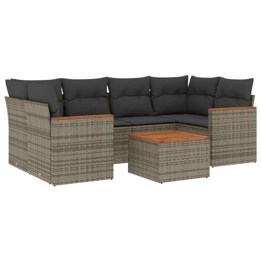 vidaXL 7-teilige Garten-Sofagarnitur in L-Form aus grauem Poly-Rattan mit Kissen und Akazienholz - Bild 2