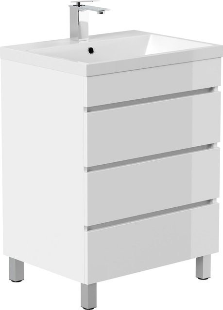 Posseik Stand Badmöbel Fellini in Weiß Hochglanz mit Gold und drei grifflosen Schubladen - Bild 1