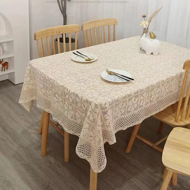 Off-White Tischdecke Gardenia aus Baumwolle und Hanf, runde Spitzentischdecke mit floralem Muster, Farbe: Beige, Durchmesser: 90 cm - Bild 1