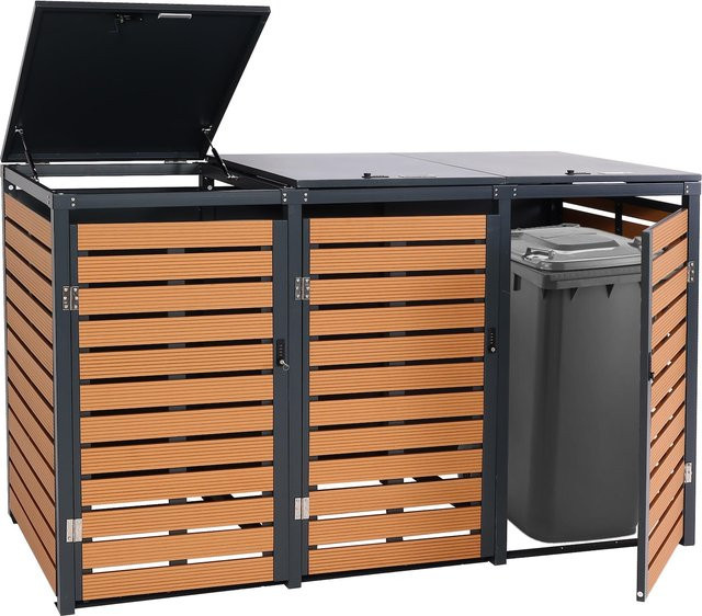 MCW 3er Mülltonnenverkleidung K14 Mülltonnenbox aus WPC und Metall in Teak-Optik B/T/H: 119 x 205 x 84 cm - Bild 1