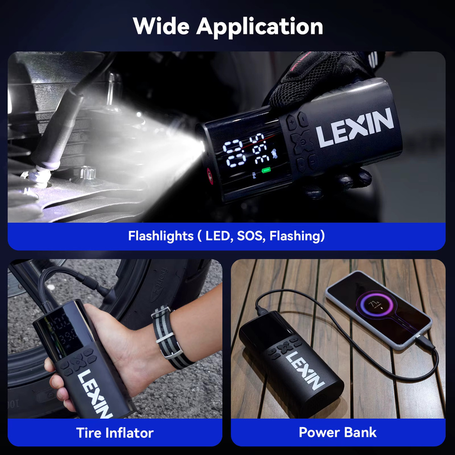 Lexin P4 Intelligente Luftpumpe in Schwarz mit 4000 mAh Akku, digitalem LED-Display und voreingestelltem Druck für Motorräder, Fahrräder und Boote - Bild 4