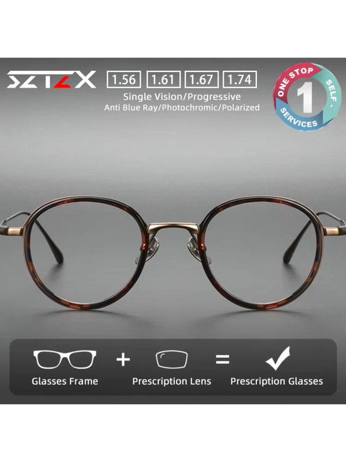 SZTZX Korrektionsbrille, Titan, Rund, Vollrand, Braun, Blaulichtfilter - Bild 4