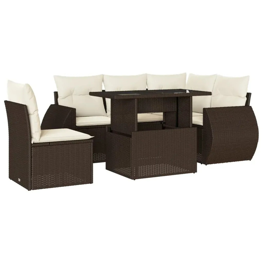 vidaXL 6-teilige Garten-Sofagarnitur in L-Form aus braunem Poly-Rattan mit cremeweißen Kissen und pulverbeschichtetem Stahlgestell - Bild 2