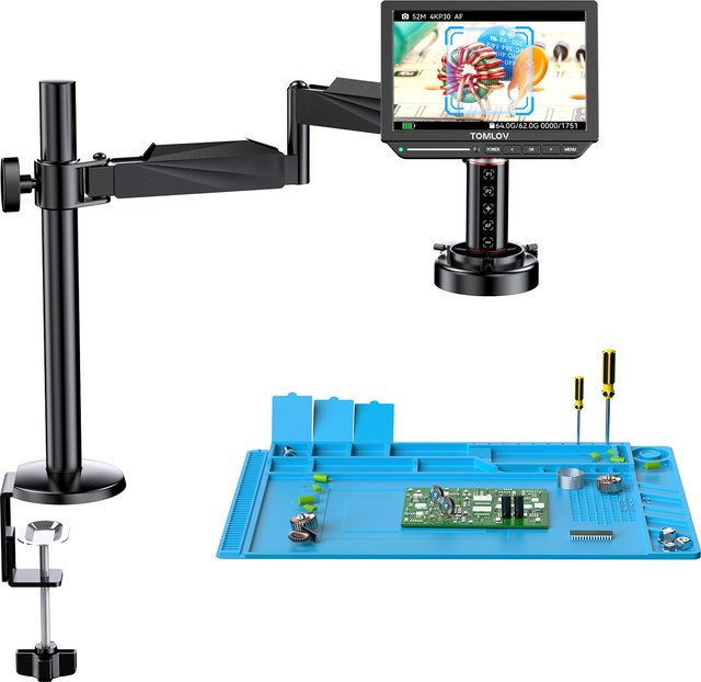 TOMLOV 4K Digitalmikroskop TM4K-AF mit Autofokus und 8 Zoll Display, HDMI Flexarm Elektronik-Löt-Mikroskop für Handy-Reparatur, Schwarz - Bild 1