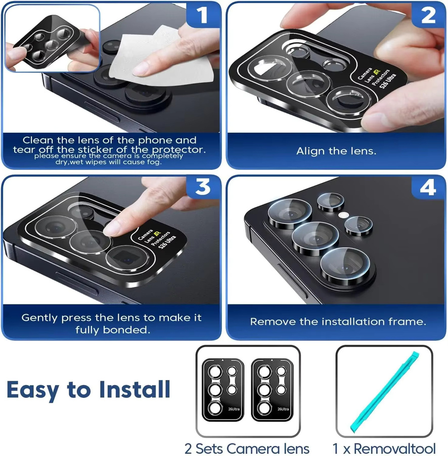 2 Stück Kameraobjektivschutz aus gehärtetem Glas für Samsung Galaxy S26 Ultra, S25 und S24 Ultra in Schwarz und Silber - Bild 4