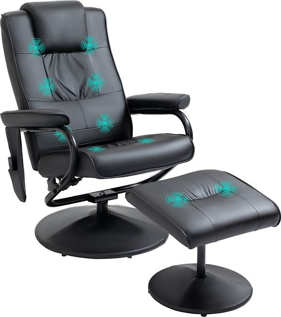 HOMCOM Massagesessel mit Hocker, drehbarer elektrischer Relaxsessel mit Liegefunktion und Massagefunktion aus Kunstleder, Schwarz - Bild 1