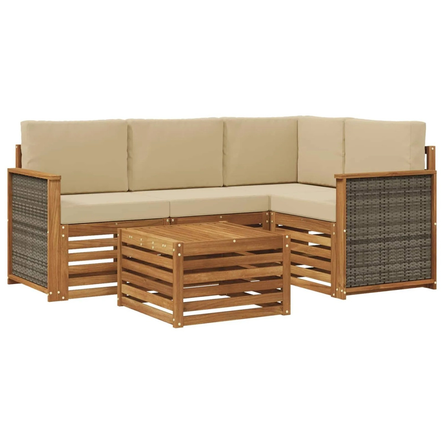 vidaXL Outdoor-Sofagarnitur aus Akazienholz in L-Form mit 5 Teilen, Farbe Braun und Beige, inklusive Polster und Couchtisch, B/T/H: 59 x 59 x 37 cm - Bild 2