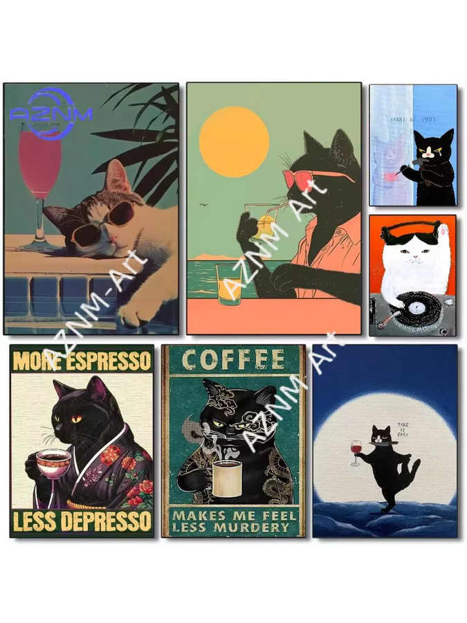 KAYOU Leinwandposter mit Katzen-Slogan im Retro-Stil, Mehrfarbiges Wandbild für Wohnzimmer und Café - Bild 4