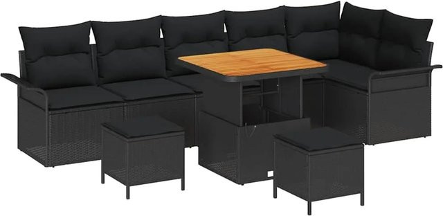 vidaXL Garten-Sofa-Set aus Polyrattan und Akazienholz in Schwarz mit Polstern und Ottomane für Garten, Balkon und Terrasse - Bild 1