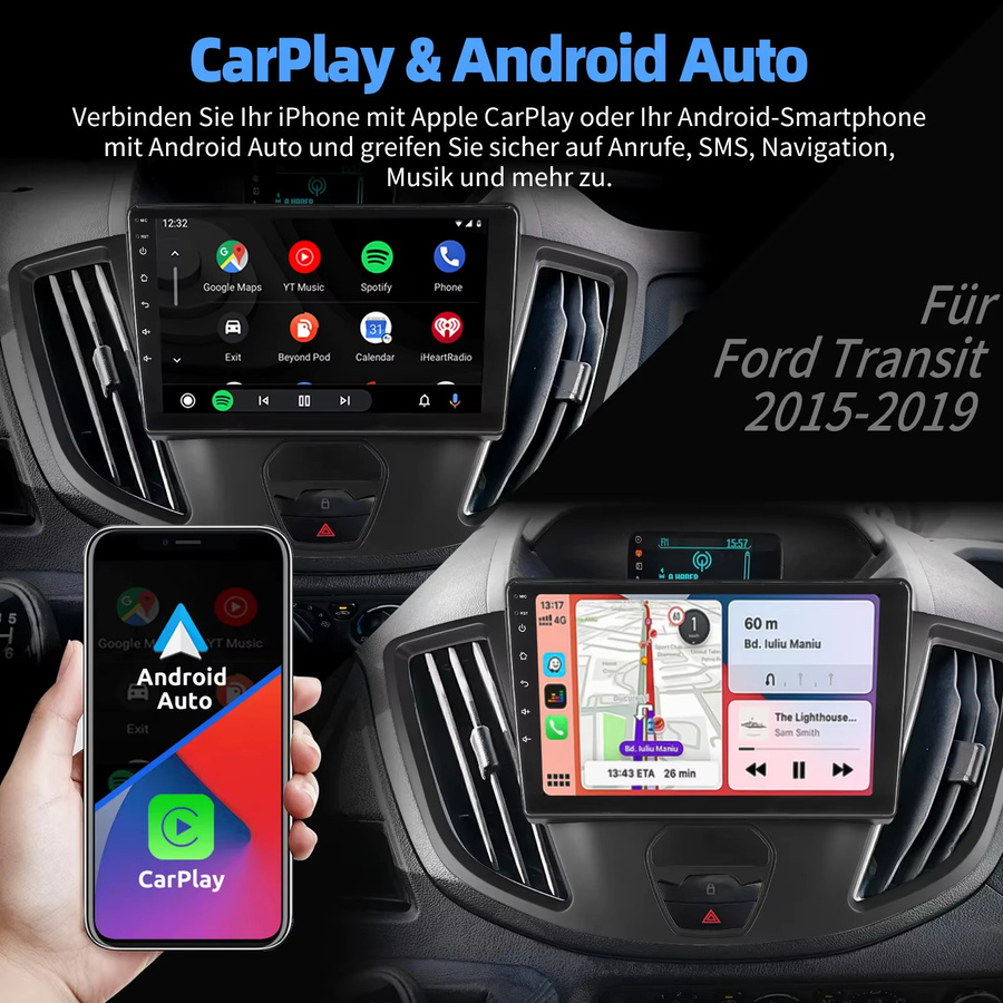 ESSGOO Android 14 Autoradio für Ford Transit 2015-2019 mit 9 Zoll Display, GPS, Wireless CarPlay, Android Auto, Bluetooth und WiFi, Schwarz - Bild 3