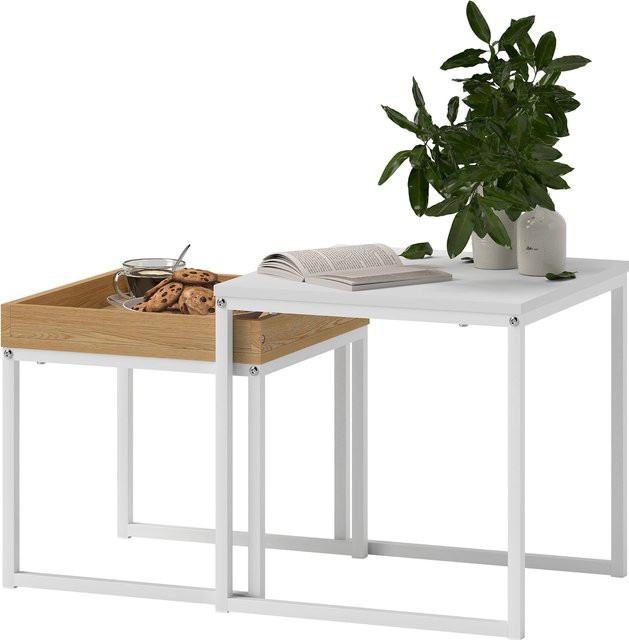 HOMCOM 2er-Set Couchtisch im modernen Design, Eckige Beistelltische mit Stahlgestell für dein Wohnzimmer, Weiß und Eiche - Bild 1