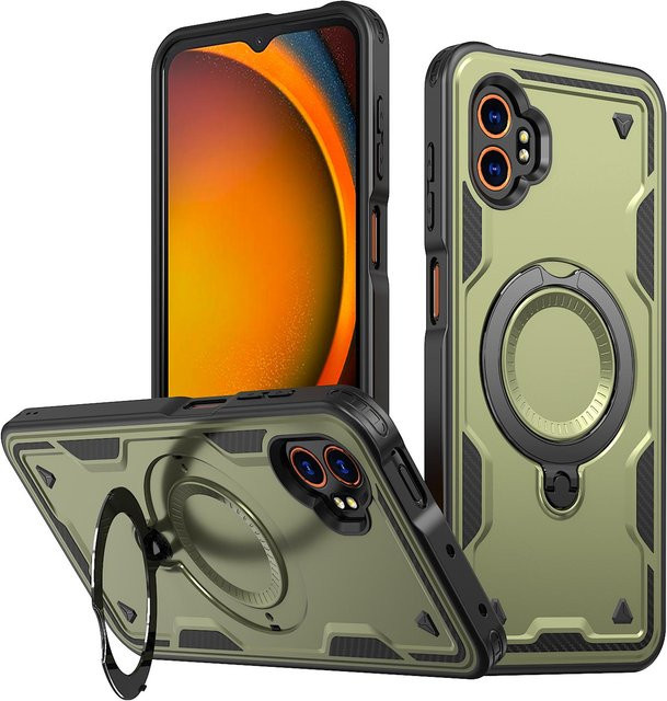 Stoßfeste Armor Handyhülle für Samsung Galaxy Xcover 7 Pro mit 360 Grad drehbarem magnetischem Metallständer und weichem TPU-Rahmen in Olivgrün - Bild 1