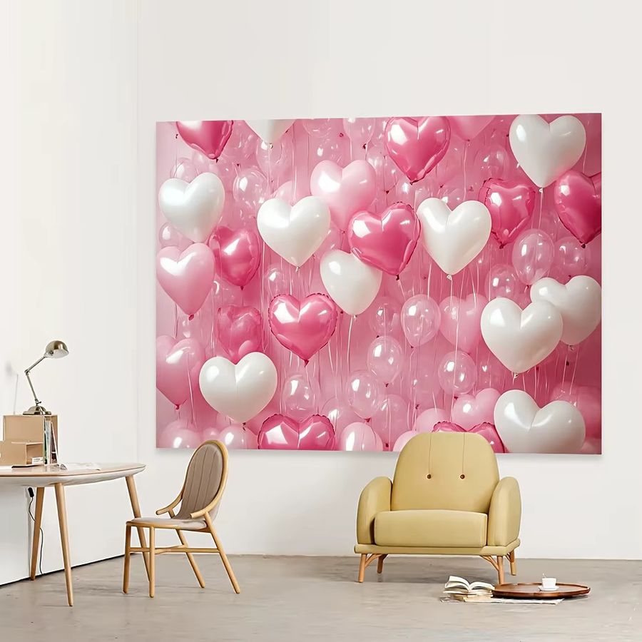VIKAMA Herzförmiger Ballon-Wandteppich mit Rosen in Rosa, Weiß und Rot als Wand-Dekoration für Valentinstag und Partys - Bild 2