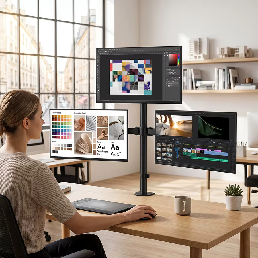Dreifach-Monitorständer für 3 Bildschirme 10-32 Zoll in Schwarz, höhen- und winkelverstellbar, VESA 75x75/100x100mm, für Flach- und Curved-Monitore bis 10kg pro Bildschirm - Bild 6