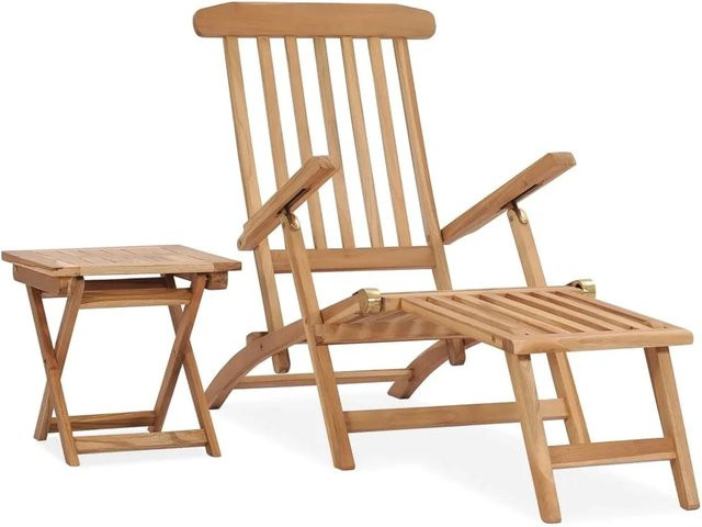 vidaXL Garten-Liegestuhl Set aus Teak-Massivholz mit Fußstütze und Tisch in Braun - Bild 1