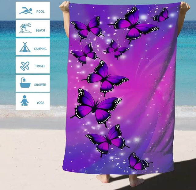Lila Mikrofaser-Strandtuch mit Schmetterlingsdruck, sandfest und schnelltrocknend, B: 40 cm, H: 60 cm - Bild 1