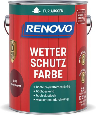 RENOVO Wetterschutzfarbe für Holz, wasserbasiert, seidenglänzend, Schwedenrot, 2,5 l - Bild 1