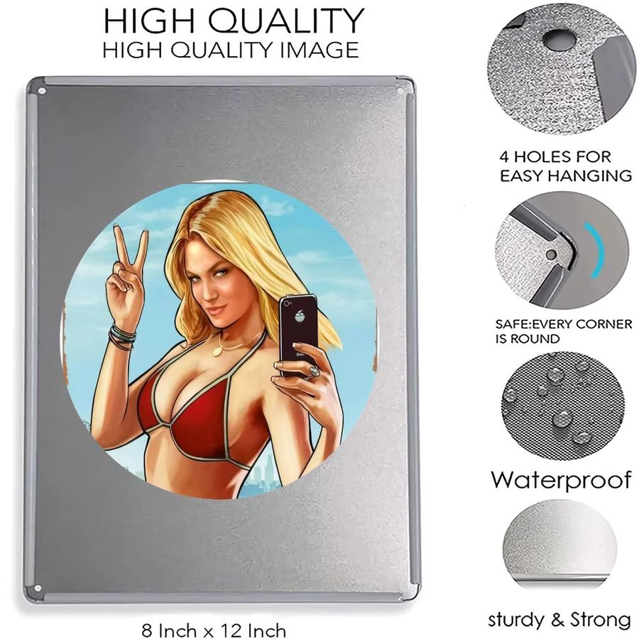 Vintage GTA Beach Game Art Metallposter von CIFBUY mit Bikini-Charakter als Wanddekoration, Breite: 20,32 cm, Höhe: 30,48 cm - Bild 4