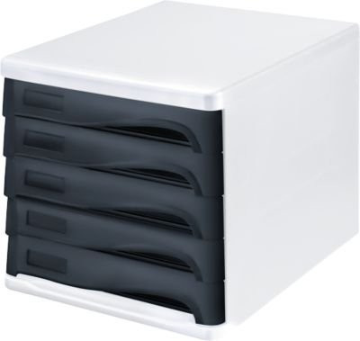 Helit Schubladenbox für DIN A4 mit 5 Schubladen aus Polypropylen, Gehäuse weiß und Schubladen schwarz, B: 26,5 cm, H: 25,0 cm, T: 34,0 cm - Bild 1