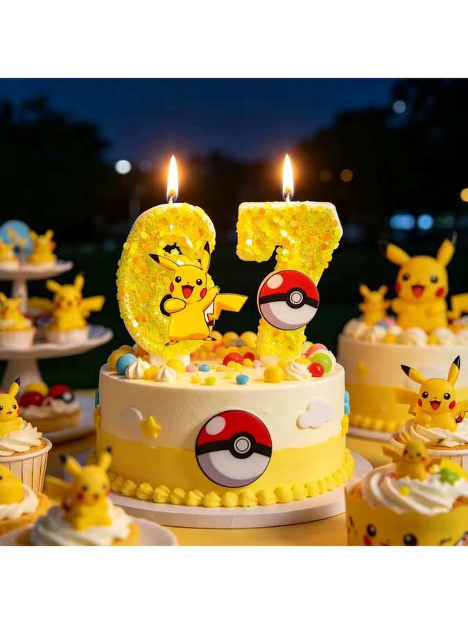 Potdemiel Pikachu Geburtstagskerzen in Gelb als 3D Cartoon Kuchendekoration für Kinder - Bild 2