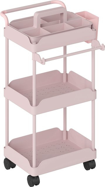 HOMCOM Beistellwagen mit 3 Ebenen in Rosa, Rollbarer Küchenwagen mit herausnehmbaren Körben, Handtuchhalter und Metallrahmen für Küche, Bad oder Wohnzimmer - Bild 1