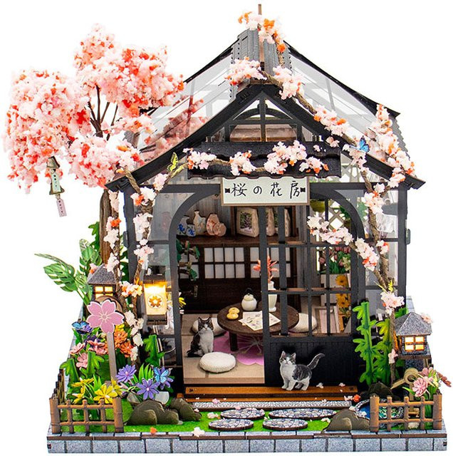zuuton Sakura-Gewächshaus-Puppenhaus-Set, 3D-Miniaturhausmodell aus Holz, mit LED-Licht - Bild 1