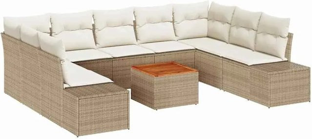 vidaXL Garten-Sofa-Set 10-teilig in Beige und Weiß mit Polstern und Couchtisch aus Rattan, Metall und Akazienholz - Bild 1