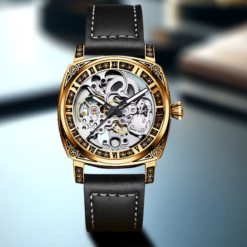 CAROTIF Armbanduhr, mechanisch, Messing Gold, weißes Zifferblatt, Lederarmband Schwarz, Herren - Bild 3