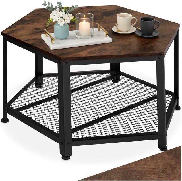 tectake Couchtisch im Industrial Style mit Gitterablage, sechseckig, braun/schwarz, B: 86,5 cm, T: 75 cm, H: 46,5 cm - Bild 1