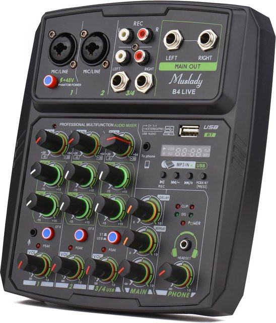 Muslady 4-Kanal-Audiomixer Mischpult mit LED-Bildschirm, integrierter Soundkarte und USB-Bluetooth-Verbindung in Grau - Bild 1