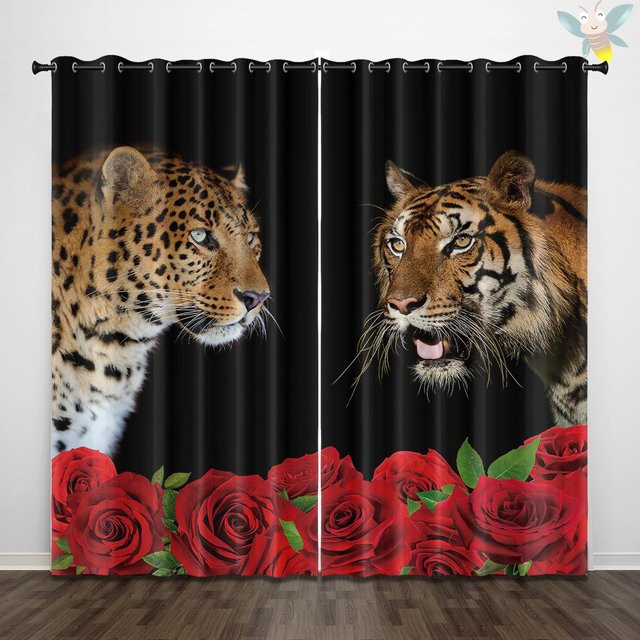 2er-Set dekorative Vorhänge mit Rosen- und Leopardenmuster in Rot, Rosa und Braun, halbtransparent, B: 140 cm, H: 160 cm - Bild 1