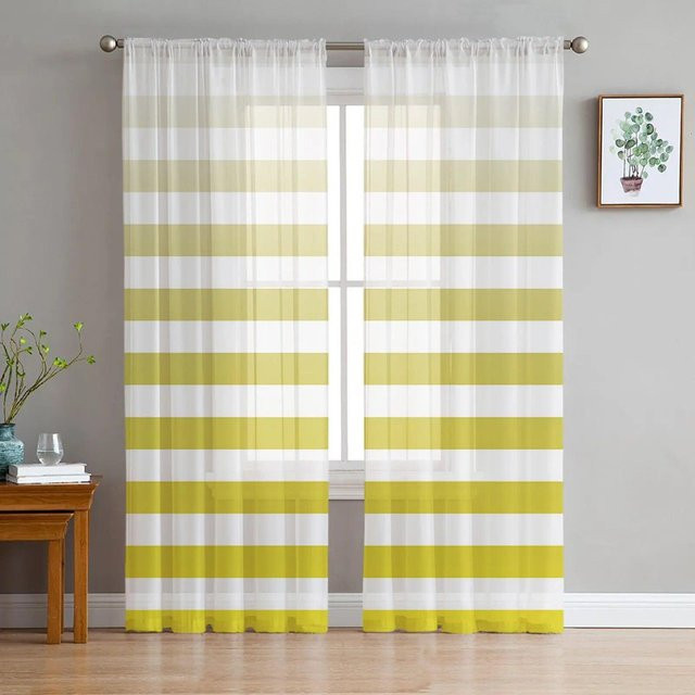 A Family Of Home Textiles Transparentes Tüll-Vorhang mit Gelb-Weißem Streifen-Farbverlauf, Modernes Design, Breite: 135 cm, Höhe: 137 cm - Bild 1