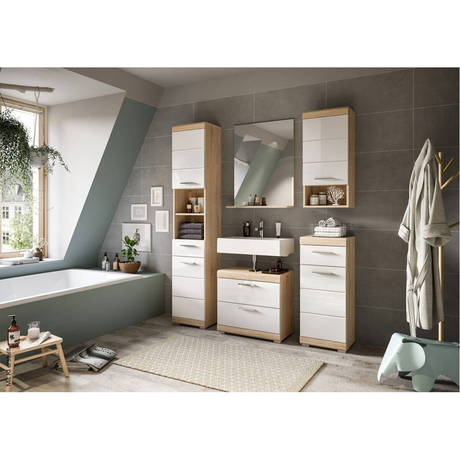Badezimmer-Set Lambada von xonox.home in Eiche und Weiß Hochglanz, 4-teilig mit Spiegelschrank, Waschtischunterschrank und Hochschrank, B/H/T: 112 x 191 x 37 cm - Bild 2