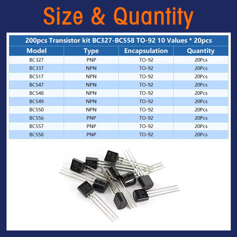 YTDMEN Transistor Kit mit 200 Stück NPN und PNP Transistoren BC327 BC337 BC517 BC547 BC548 BC549 BC550 BC556 BC557 BC558 im TO-92 Gehäuse, Schwarz - Bild 2