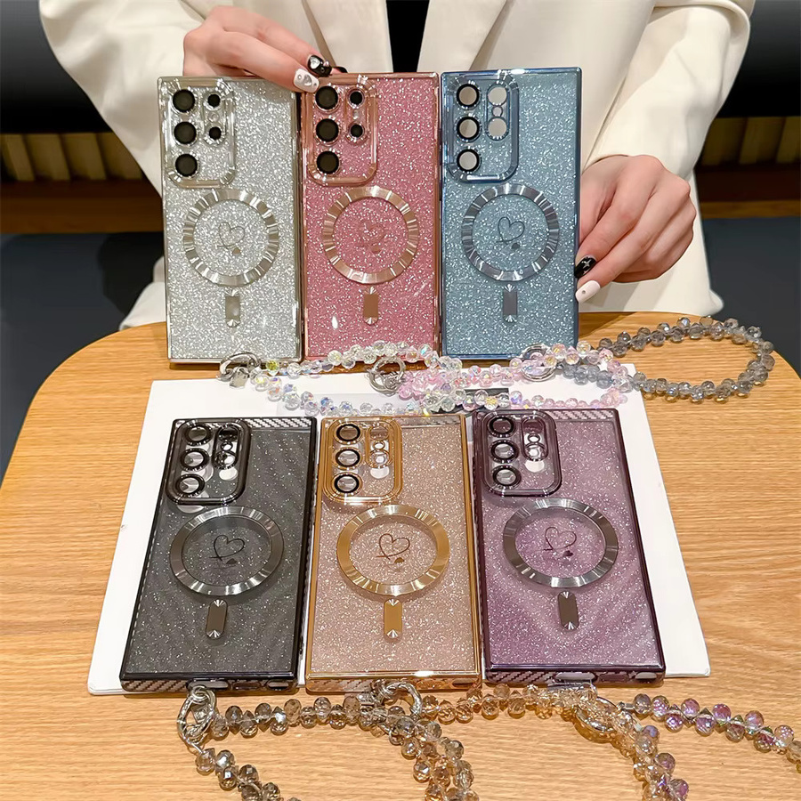 Transparente Magnetische Lanyard-Hülle mit Kohlefaser-Herz Design für Samsung Galaxy S26 Ultra S25 S24 S23 S22 S21 Ultra S26 Plus S24FE in Schwarz und Multicolour - Bild 1