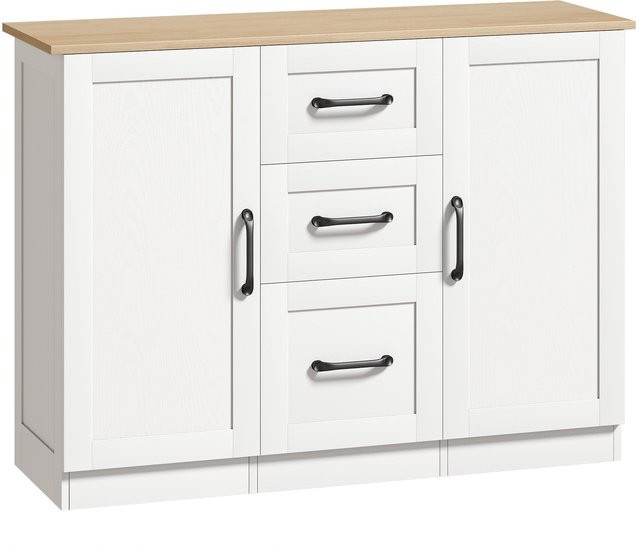 HOMCOM Sideboard modernes Design mit 2 Soft-Close-Türen und 3 Schubladen, Weiß und natürliches Holz, B/T/H: 110 x 35 x 80,4 cm - Bild 1