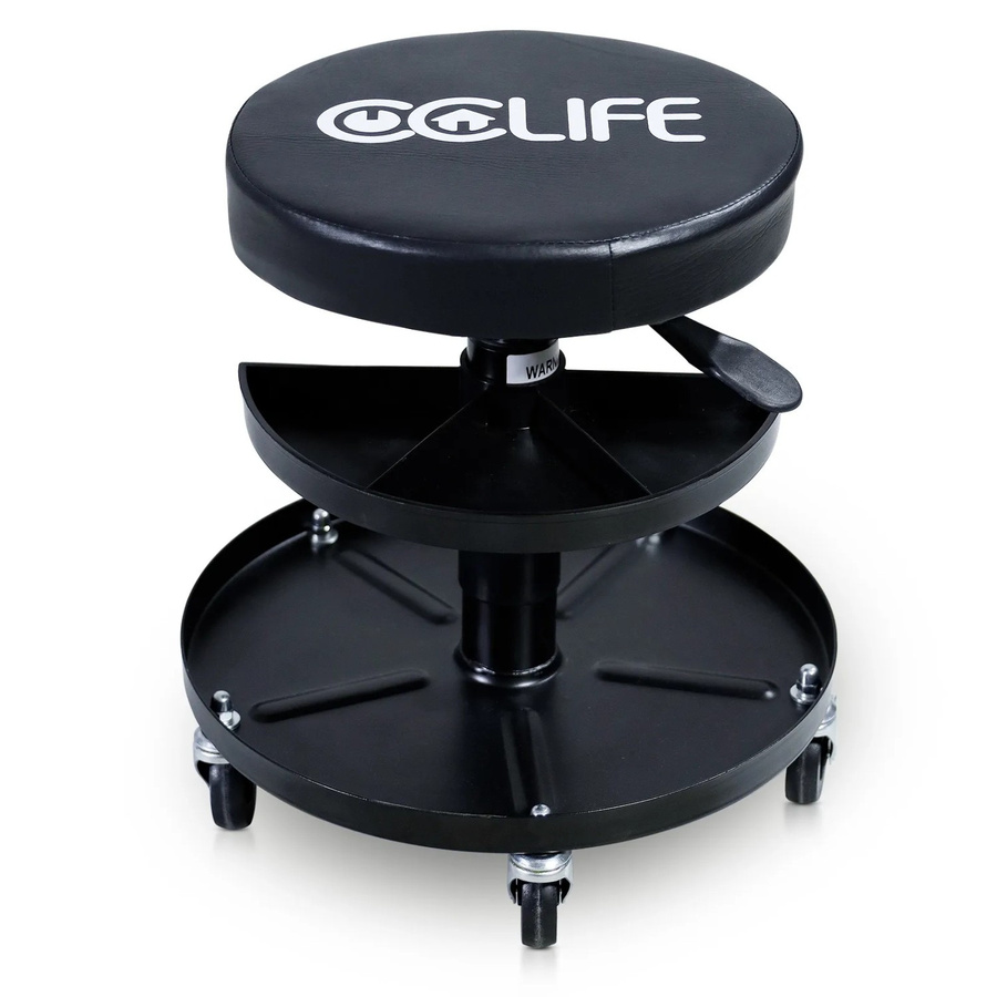 CCLIFE Werkstatthocker mit Rollen und 2 Ablagen, höhenverstellbar, Schwarz, Tragkraft 150 kg, Höhe: 38,0-50,0 cm - Bild 2