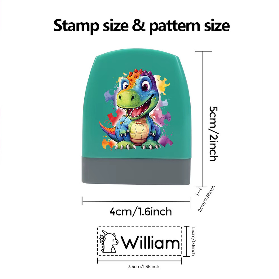 Personalisierter Namensstempel mit Cartoon-Dinosaurier-Motiv für Kinder in Türkis, wasserfester Textilstempel für Kleidung - Bild 2