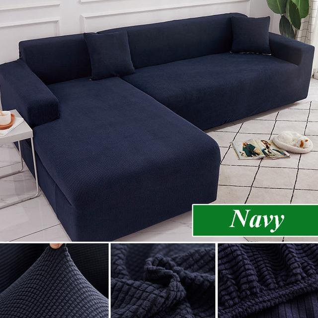 Yiran Furniture Elastischer Polarfleece Sofabezug für Ecksofas und Chaiselongues, Dunkelblau, Breite: 90-130 cm - Bild 1