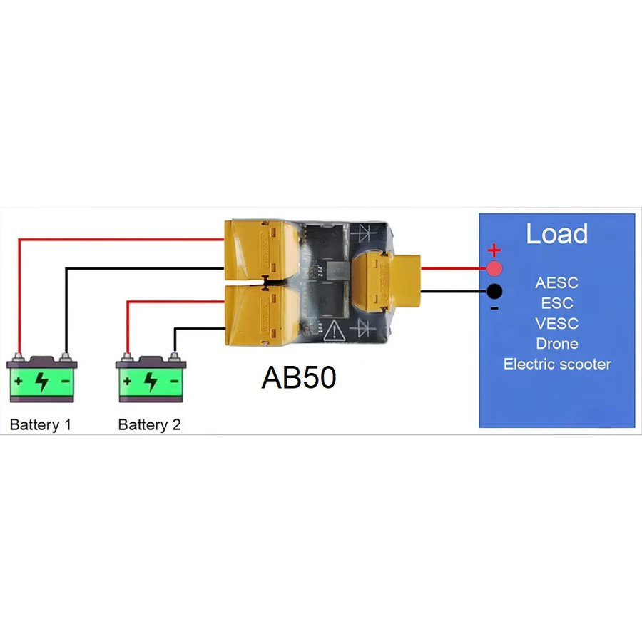 Autoro AB50 Dual-Batterie-Parallelplatine mit automatischer Umschaltung und Verpolungsschutz, LiPo XT60 Anschluss/Adapter für LiPo-Akkus, Gelb - Bild 2