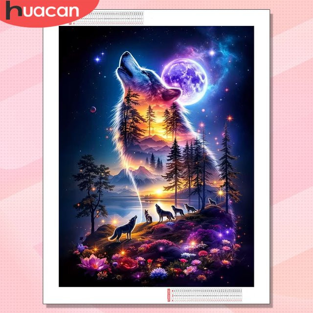 HUACAN Diamond Painting Kit, Wolf, Tier, rund, Bastelset für Erwachsene - Bild 1