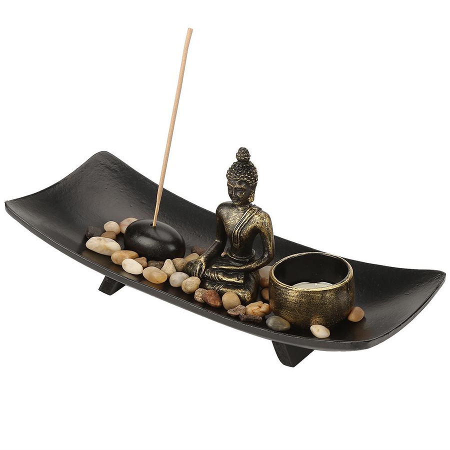 Igeteck Zen-Buddhismus Kerzenhalter und Räucherstäbchenhalter Set aus Glas und Harz in Schwarz und Transparent für deine Heimdekoration - Bild 4