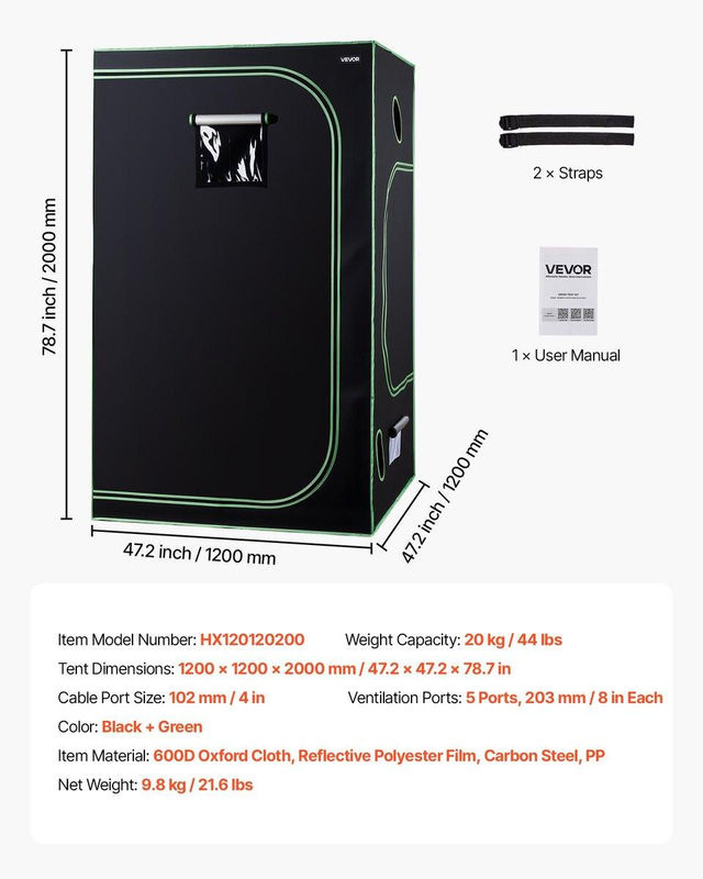 Indoor Grow Zelt Buying Solutions MB, Schwarz und Grün, 600D Hochreflektierendes Mylar, B/T/H: 120 x 120 x 200 cm - Bild 6