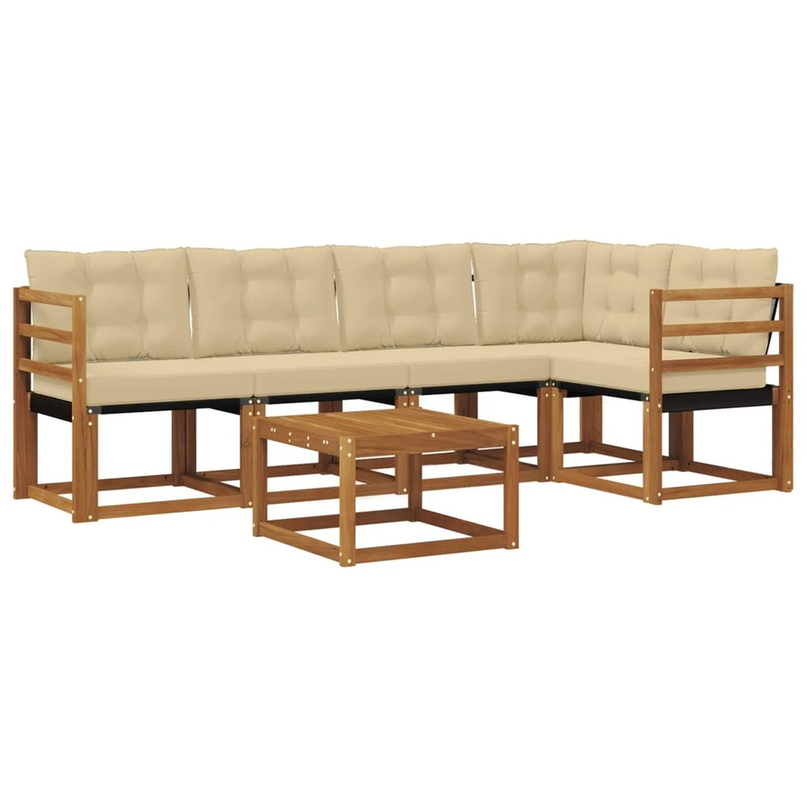 vidaXL Outdoor-Sofagarnitur 6-teilig aus Akazienholz und Textilene in Natur und Beige mit Kissen und Armlehnen - Bild 2