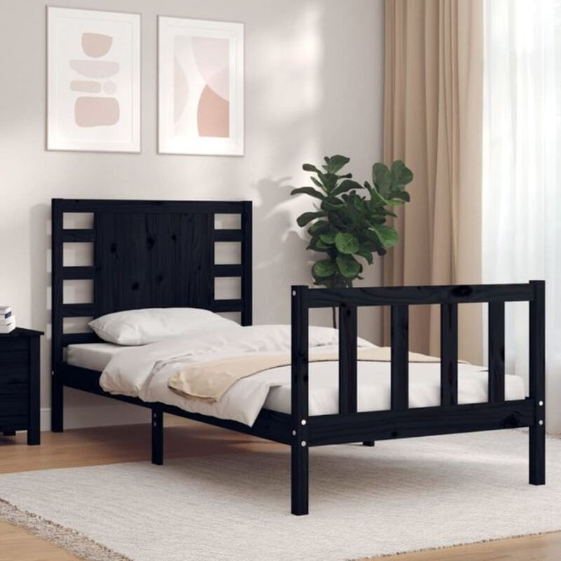 Massivholzbett aus Kiefer mit Kopfteil von vidaxl in Schwarz, Landhausstil und minimalistisches Design, B: 100 cm, H: 80,5 cm, T: 190 cm, H: 75 cm - Bild 1